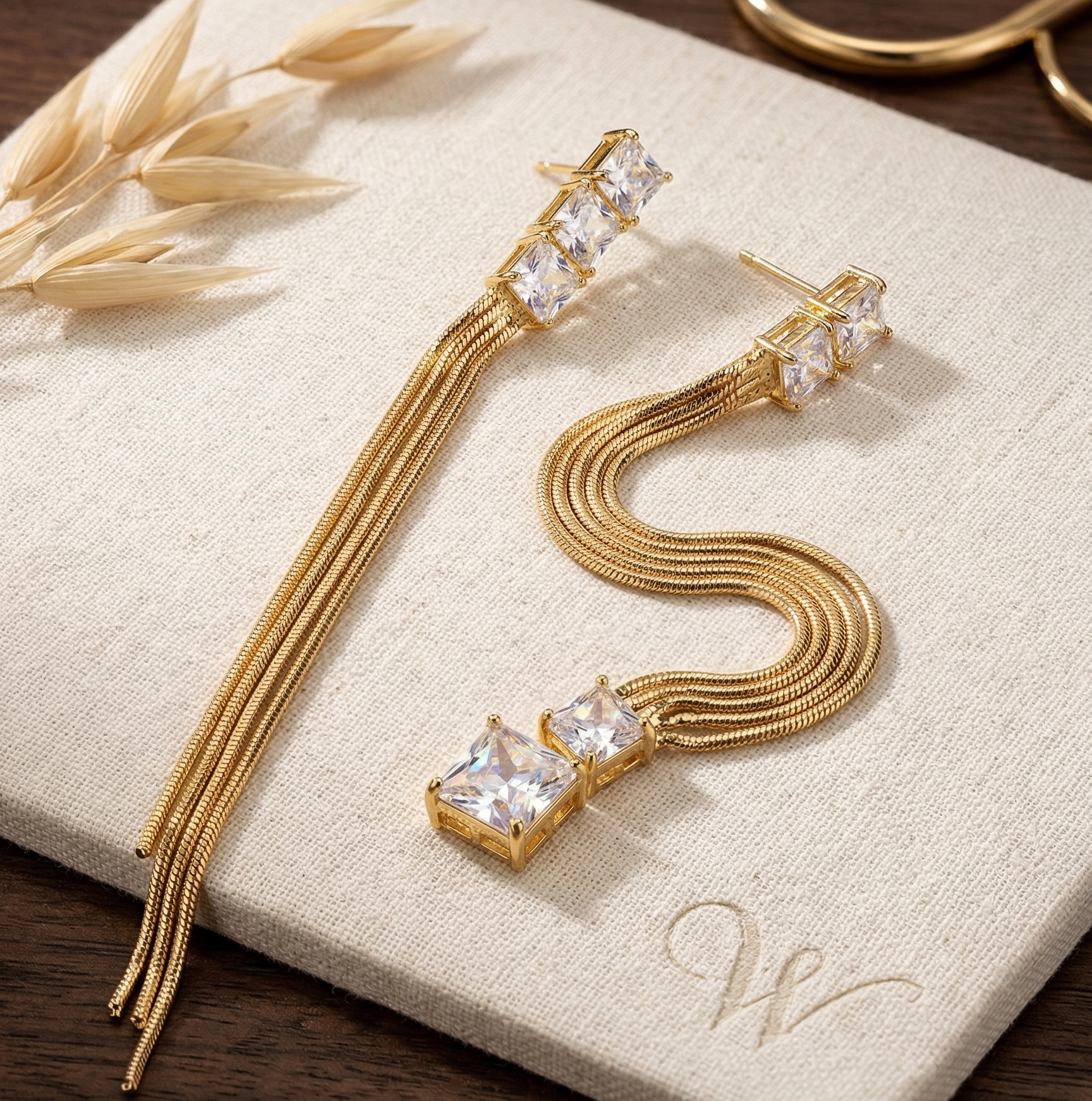 Gold Crystal Tassel Statement Earrings