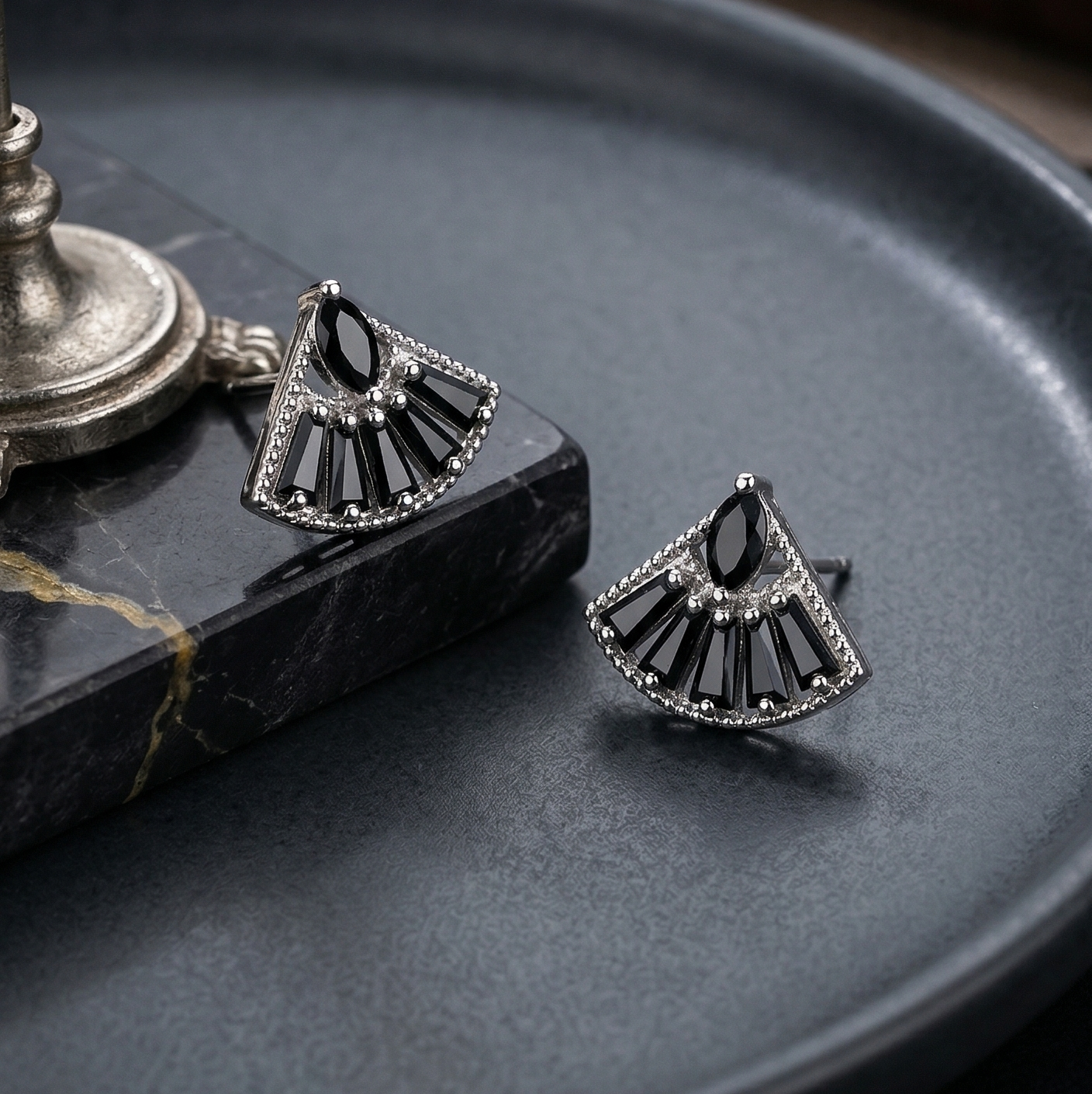 Black Stone Art Deco Fan Stud Earrings