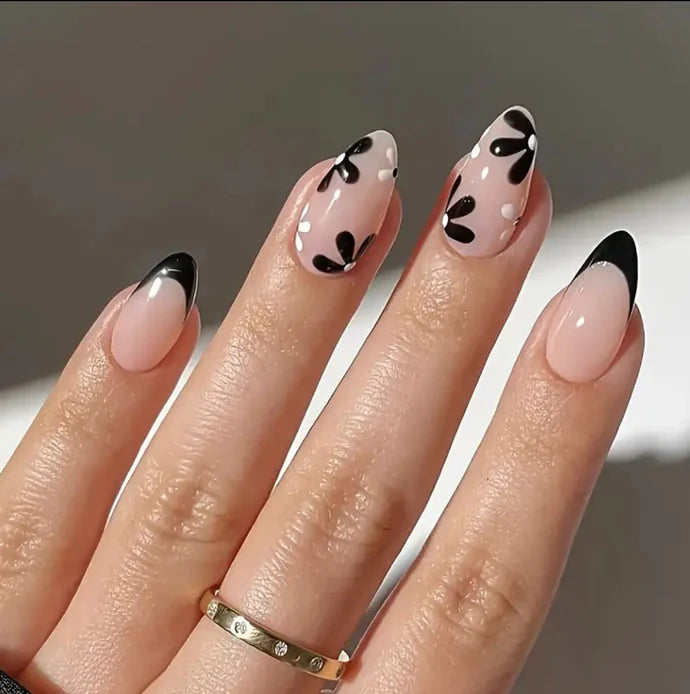 Black French Almond Nail Set